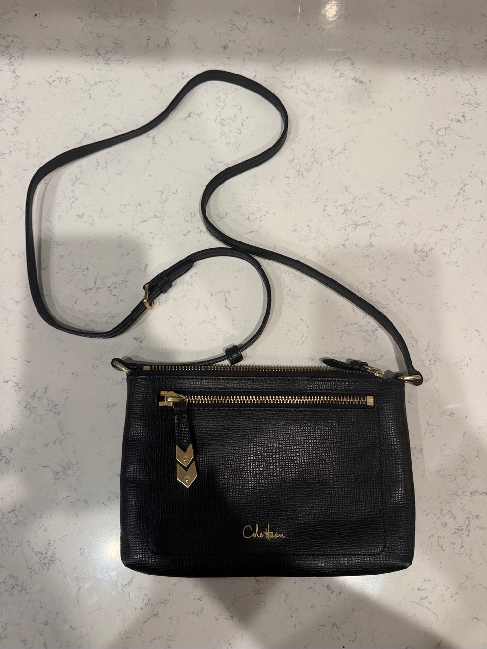 Cole Haan Classic Black Leather Crossbody with Chic Gold Hardware